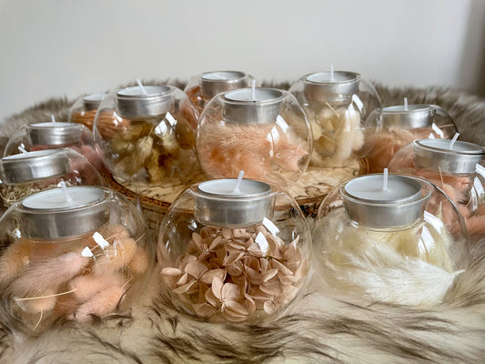Everlasting flower glass tea light holder - sustainable home decor